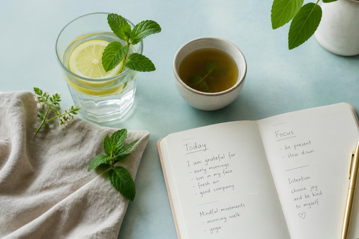 A calm morning ritual with lemon water, herbal tea, and a journal